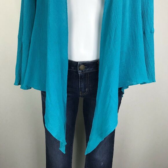 Tianello‎ Turquoise Yuriko Blouse Crinkle Open or Knot Front Cardigan Top Size S - Picture 4 of 10